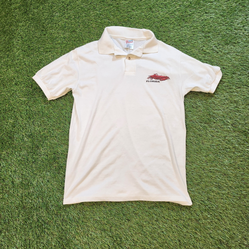 Vintage 90s Hanes Cream Polo Shirt with Red Embroidery Made In Usa. Crabs